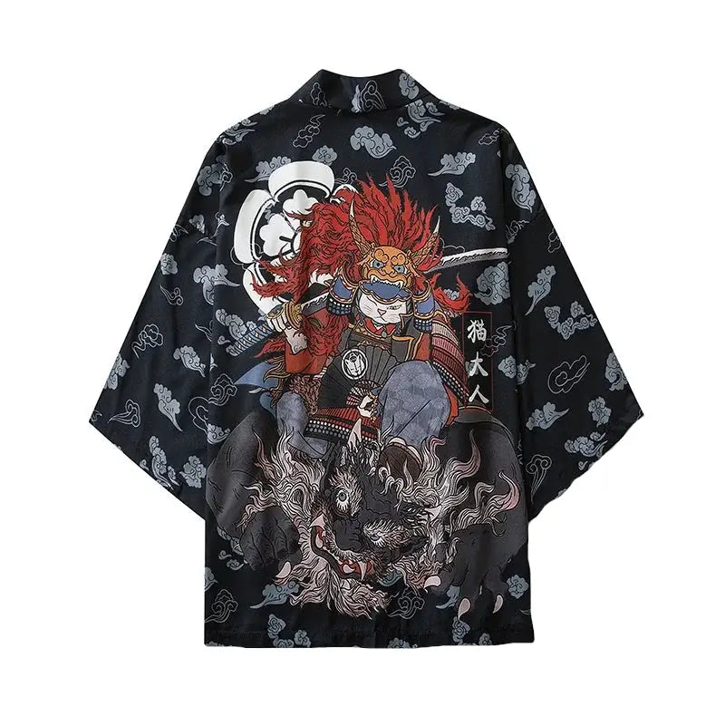 Japanese Style Kimono with Samurai Cat Design / M