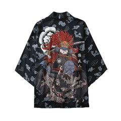 Japanese Style Kimono with Samurai Cat Design / M