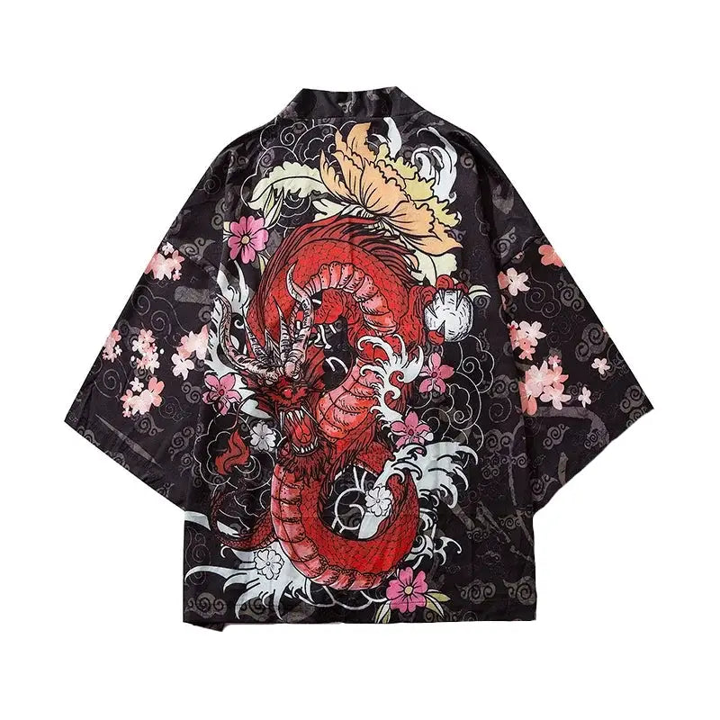 Japanese Style Kimono with Samurai Cat Design Red Dragon / M