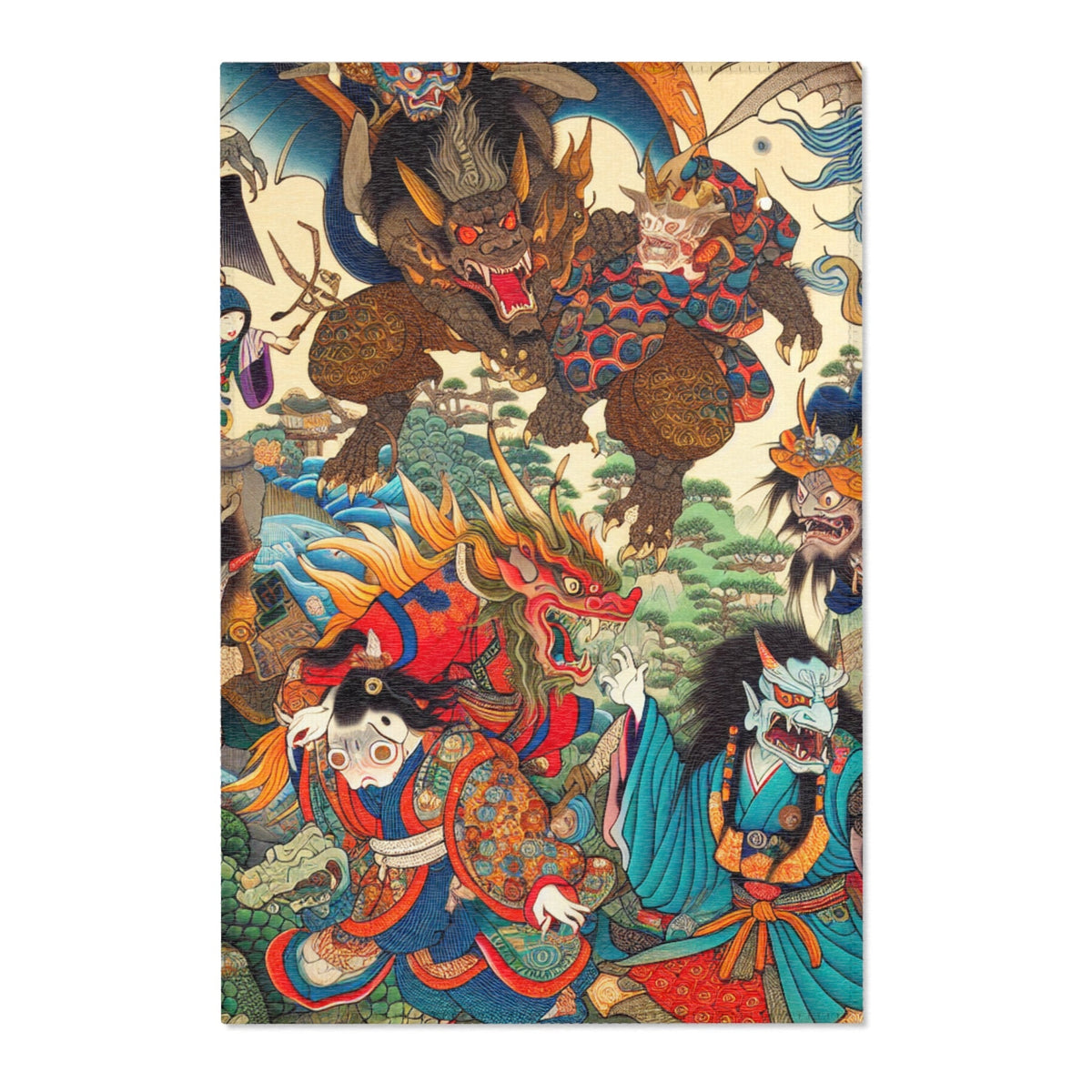 Japanese Yokai Area Rug with Edo Era Mythical Realm Design