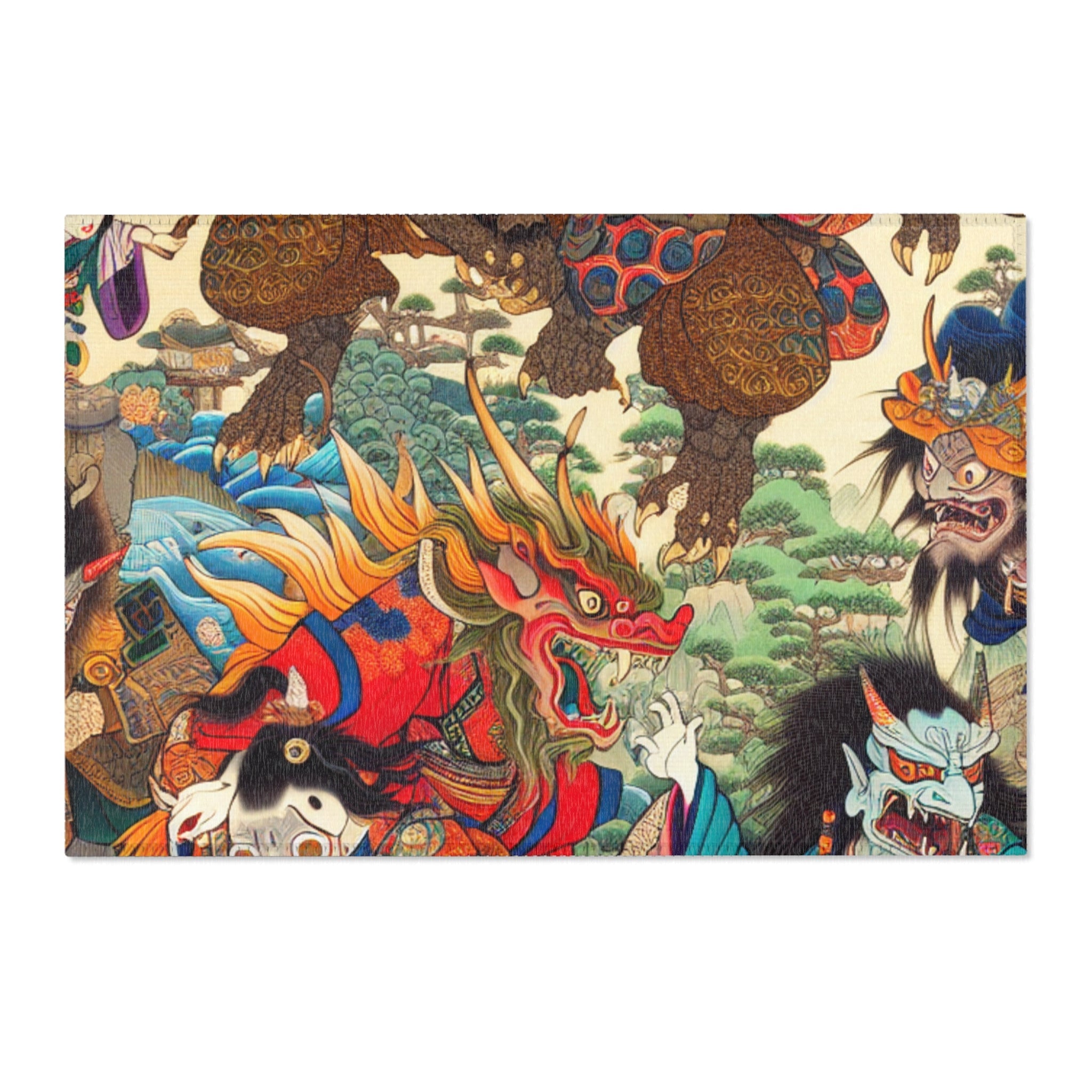 Japanese Yokai Area Rug with Edo Era Mythical Realm Design