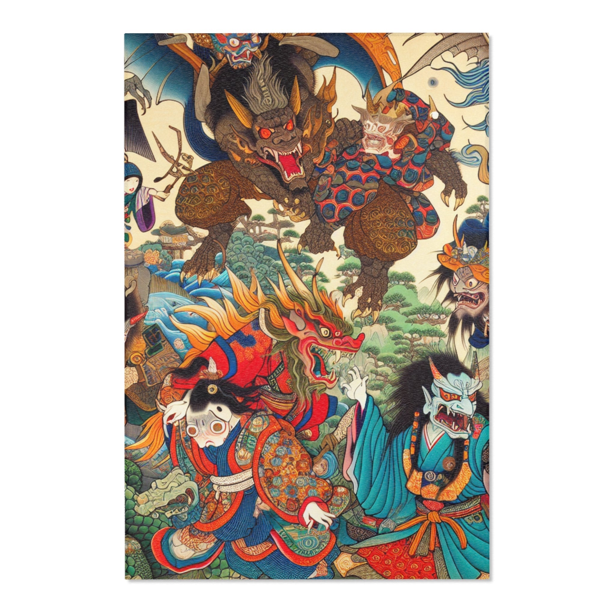 Japanese Yokai Area Rug with Edo Era Mythical Realm Design
