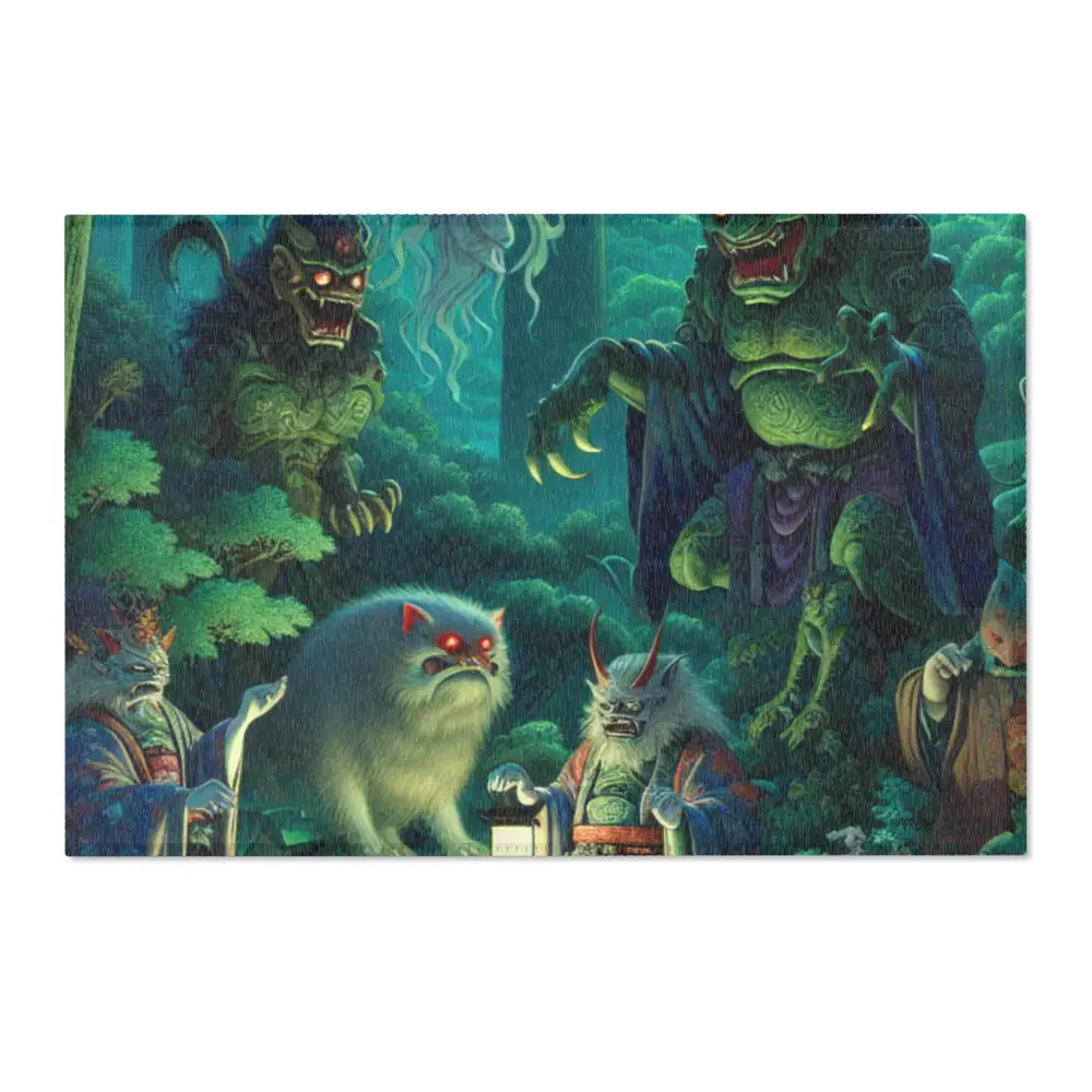 Japanese Yokai Area Rug with Twilight Hues and Forest