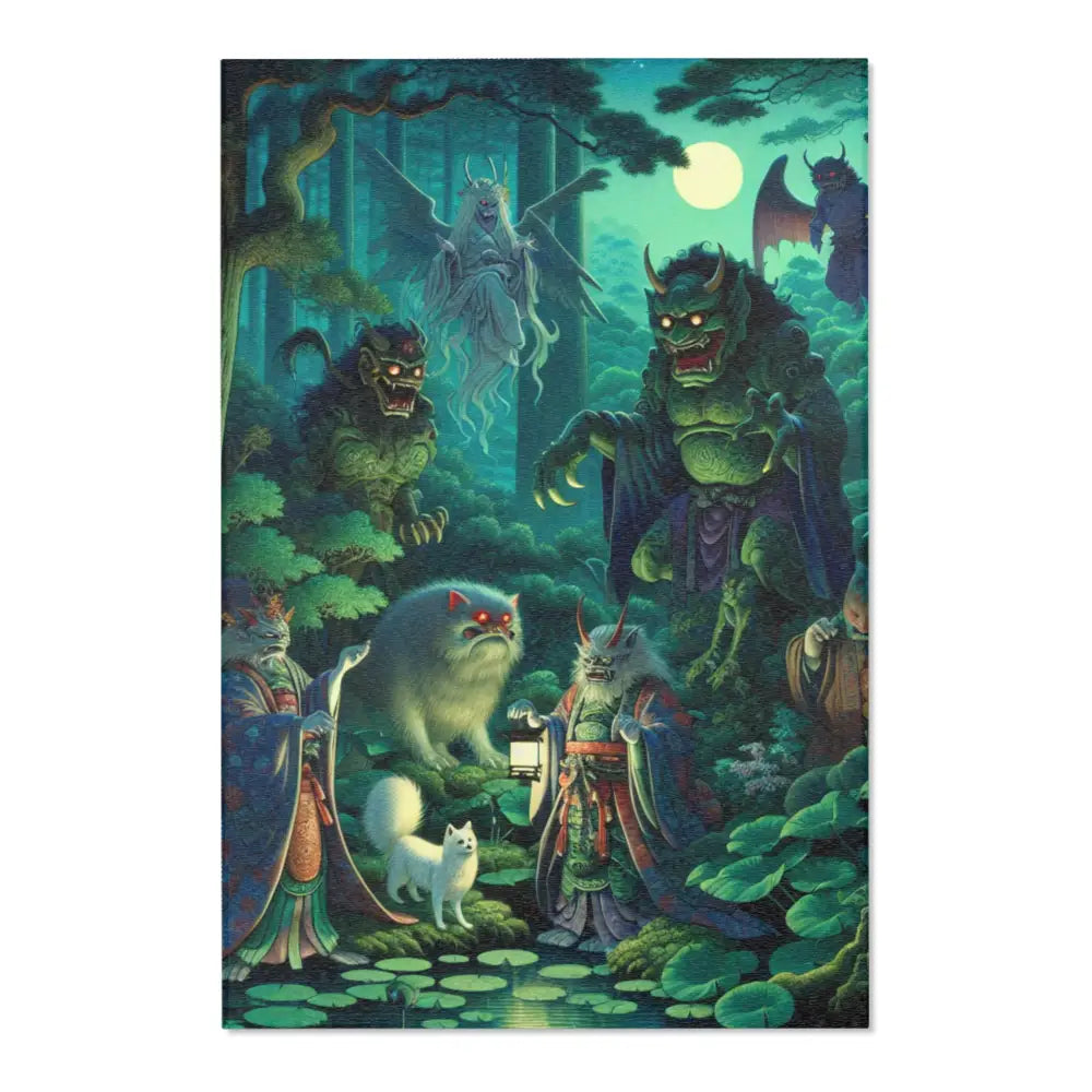 Japanese Yokai Area Rug with Twilight Hues and Forest