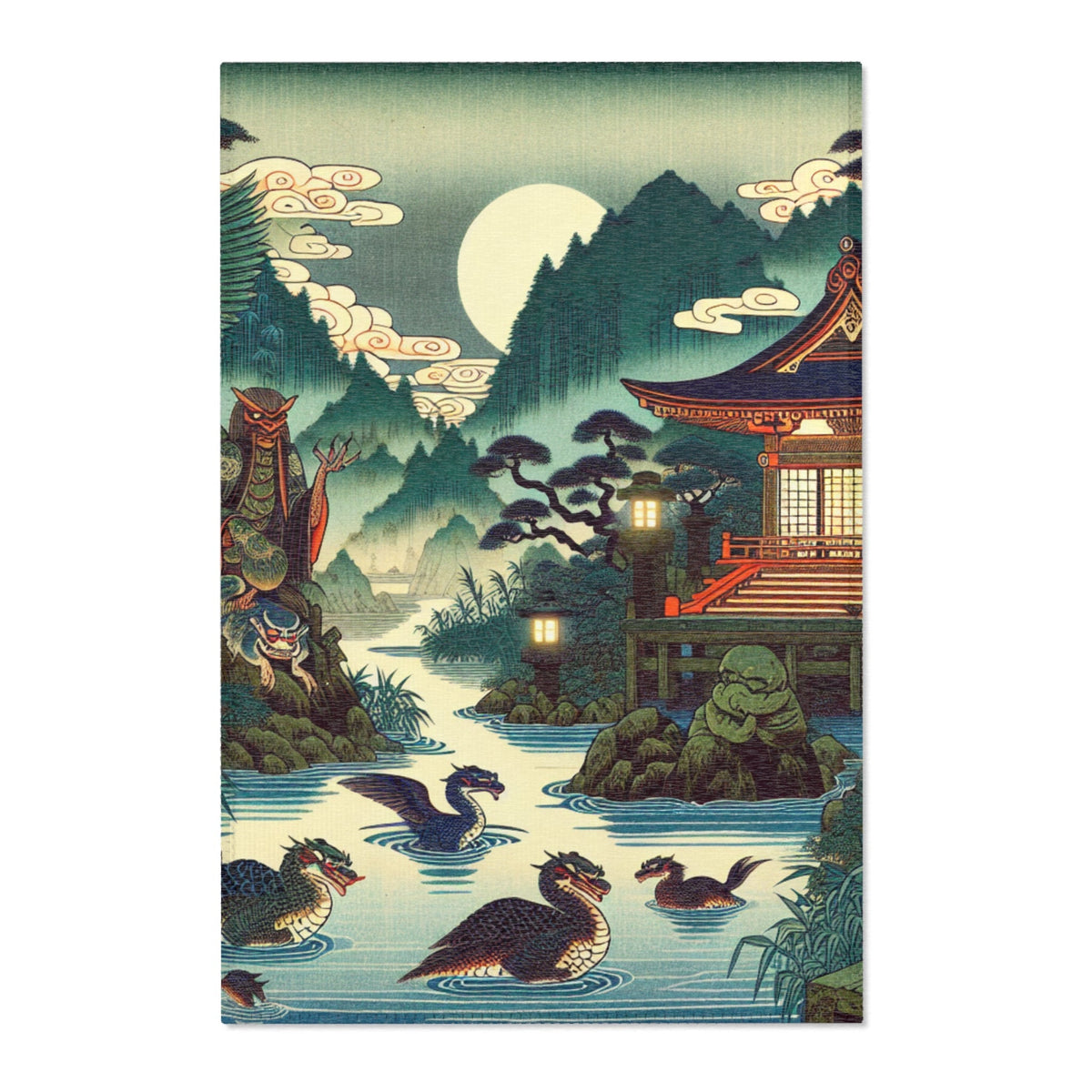 Japanese Yokai Art Area Rug with Edo Period Folklore Design