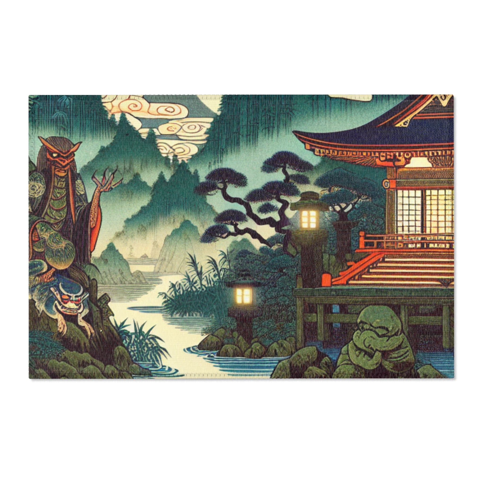Japanese Yokai Art Area Rug with Edo Period Folklore Design