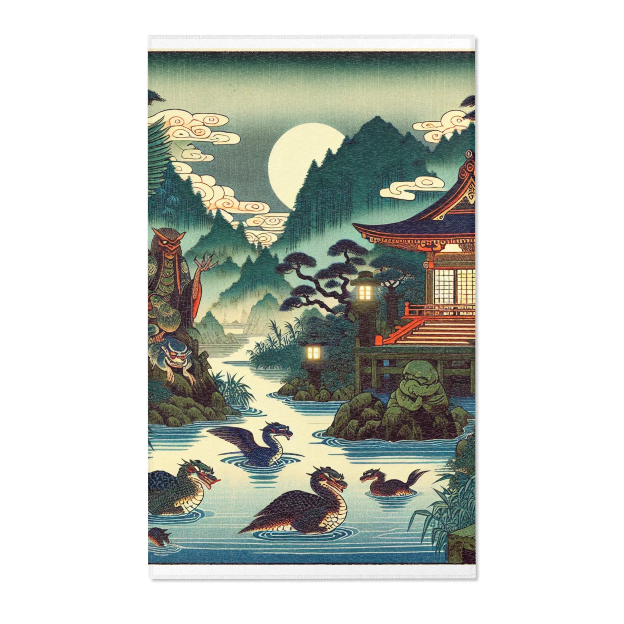 Japanese Yokai Art Area Rug with Edo Period Folklore Design