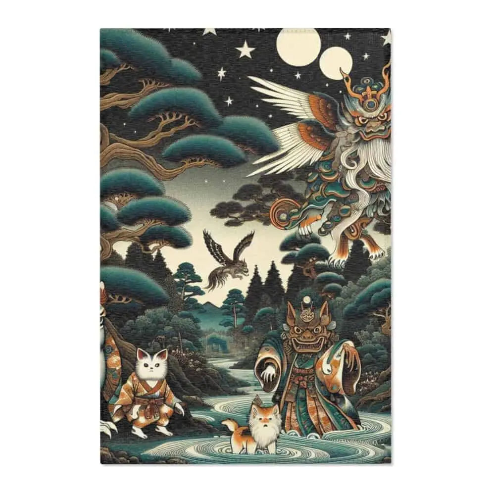 Japanese Yokai Rug with Kappa Tengu and Kitsune Design 24’’