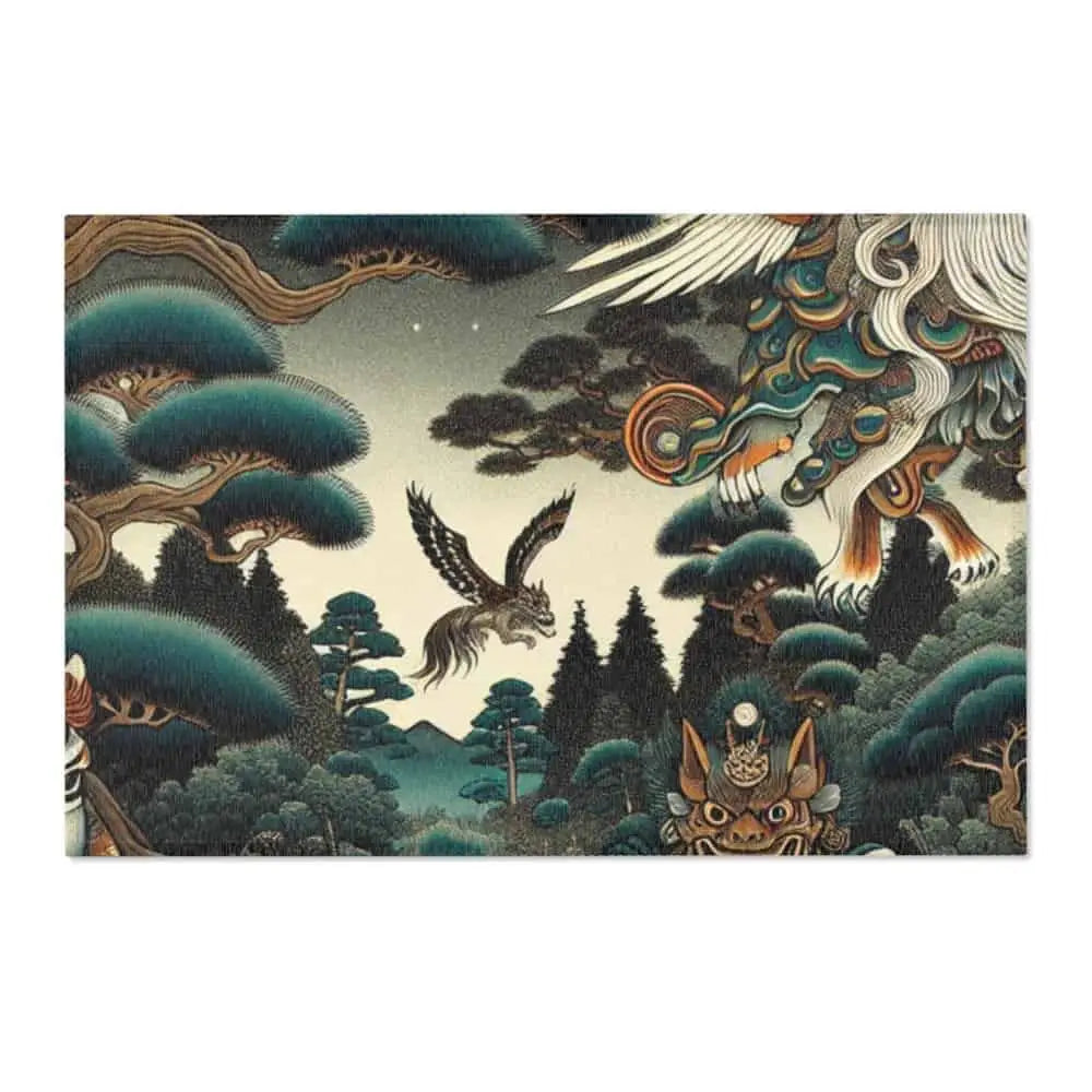 Japanese Yokai Rug with Kappa Tengu and Kitsune Design 36’’