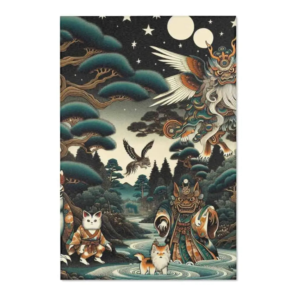 Japanese Yokai Rug with Kappa Tengu and Kitsune Design 48’’