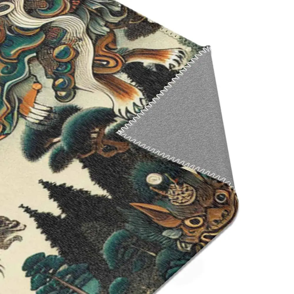 Japanese Yokai Rug with Kappa Tengu and Kitsune Design