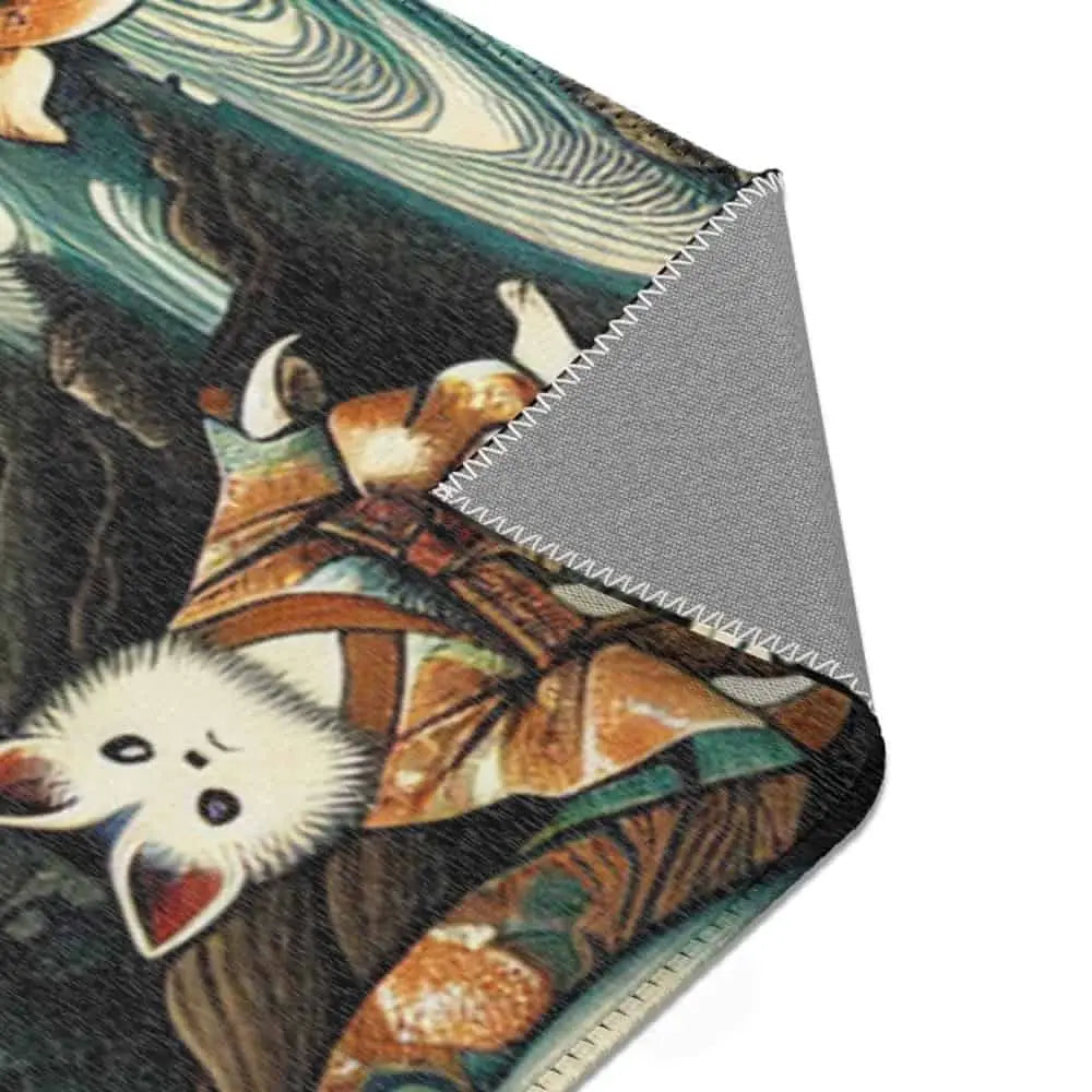 Japanese Yokai Rug with Kappa Tengu and Kitsune Design