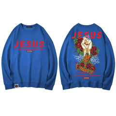 Jesus Hand with Cross and Roses Print Sweatshirt - blue / L