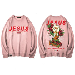 Jesus Hand with Cross and Roses Print Sweatshirt - PINK / L