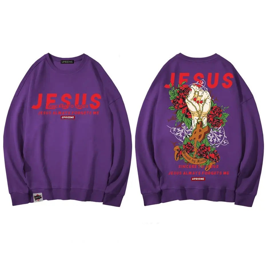 Jesus Hand with Cross and Roses Print Sweatshirt - purple
