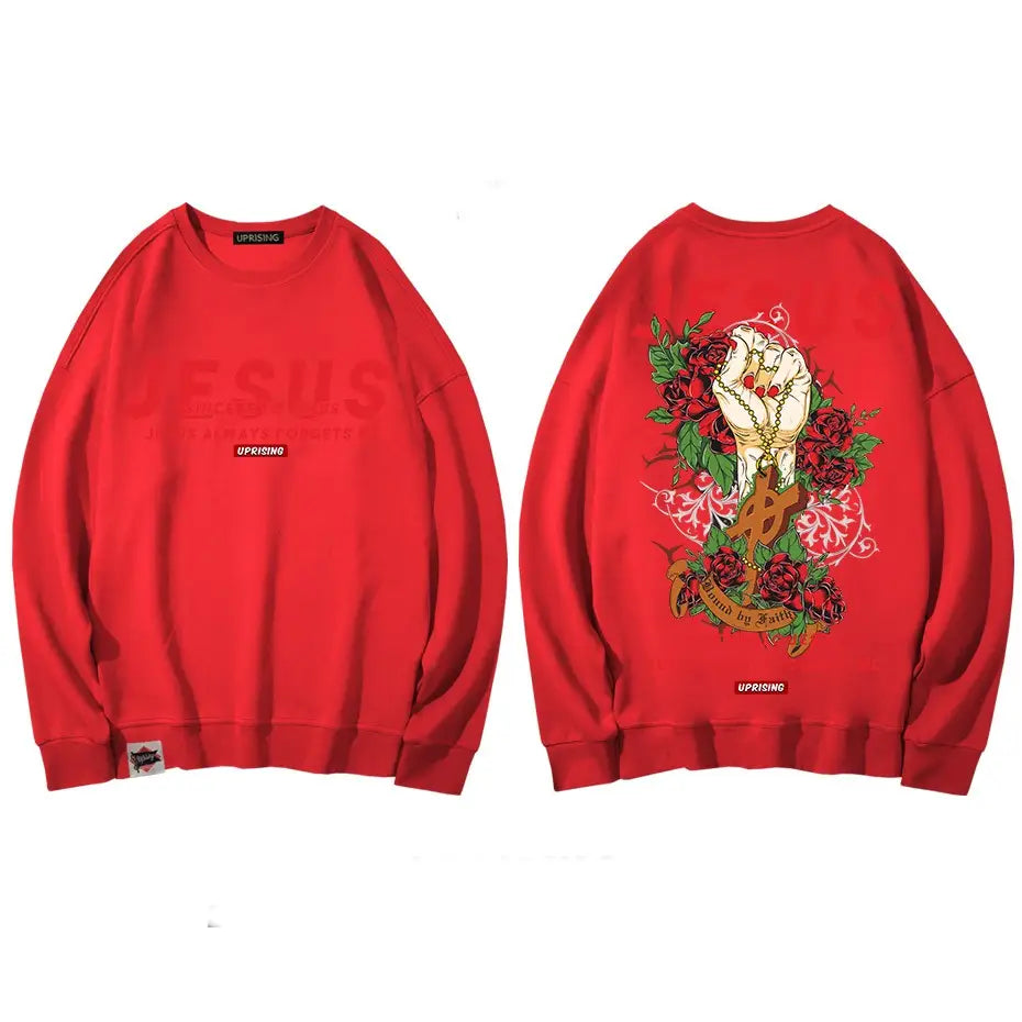 Jesus Hand with Cross and Roses Print Sweatshirt - red