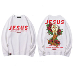 Jesus Hand with Cross and Roses Print Sweatshirt - white