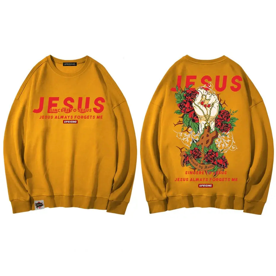 Jesus Hand with Cross and Roses Print Sweatshirt - yellow