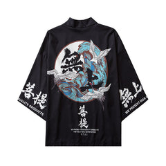 Kanji Cranes and Waves 3/4 Sleeve Kimono - Black / M -