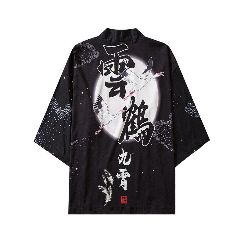 Kanji Japanese Cranes 3/4 Sleeve Kimono - Black / M - KIMONO