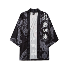 Kanji Red Japanese Dragon 3/4 Sleeve Kimono - KIMONO