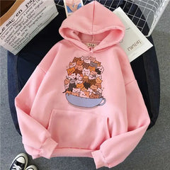 Kawaii Cat Korean Hoodie for Women Bowl of cats / S / Pink
