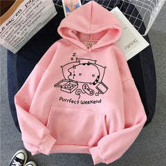Kawaii Cat Korean Hoodie for Women Purrfect weekend / S
