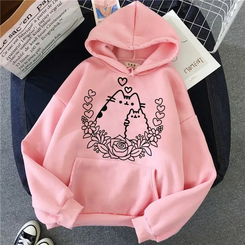 Kawaii Cat Korean Hoodie for Women Two cats love / S / Pink