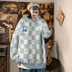 Kawaii Embroidered Plaid Loose Sweatshirt - Blue / S