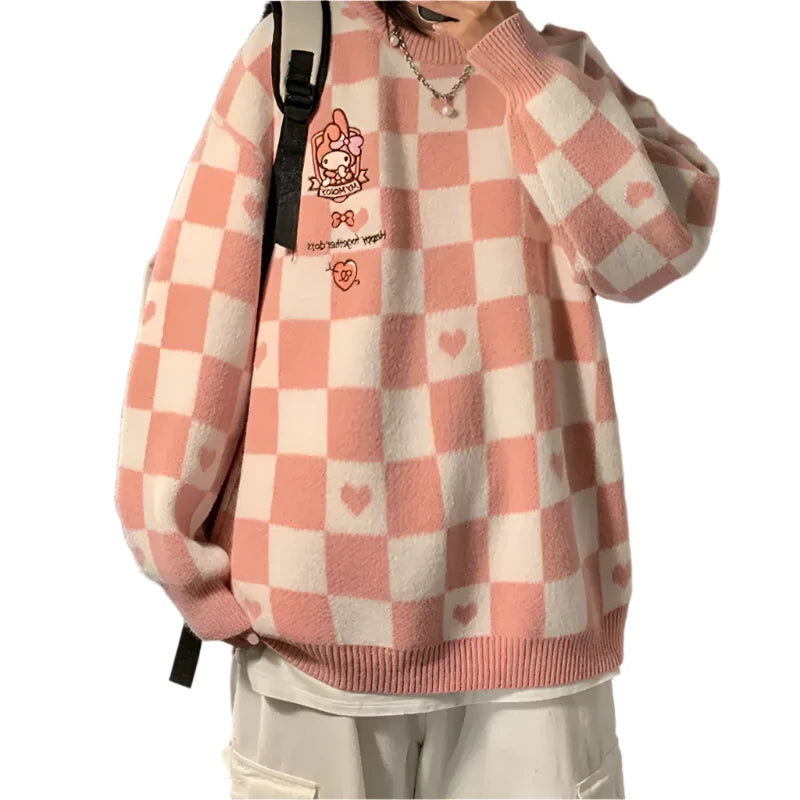 Kawaii Embroidered Plaid Loose Sweatshirt - Pink / S