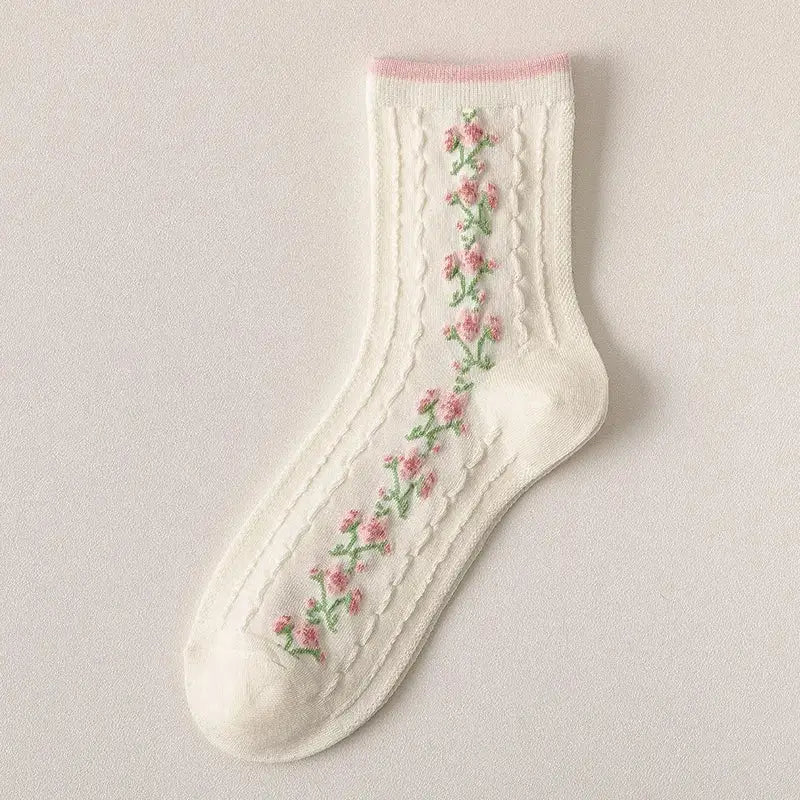 Kawaii Floral Braided Tube Socks for Everyday Wear White