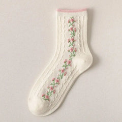 Kawaii Floral Braided Tube Socks for Everyday Wear White