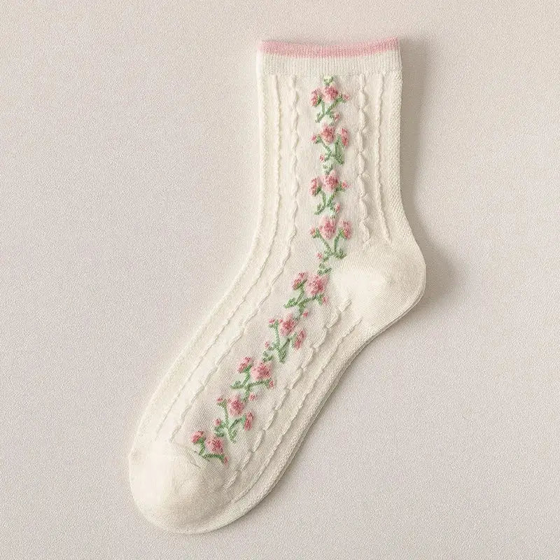 Kawaii Floral Braided Tube Socks - White Fabric