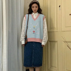 Kawaii Flowers V-neck Knitting Vest