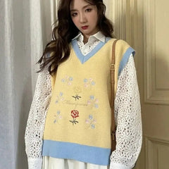 Kawaii Flowers V-neck Knitting Vest