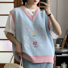 Kawaii Flowers V-neck Knitting Vest