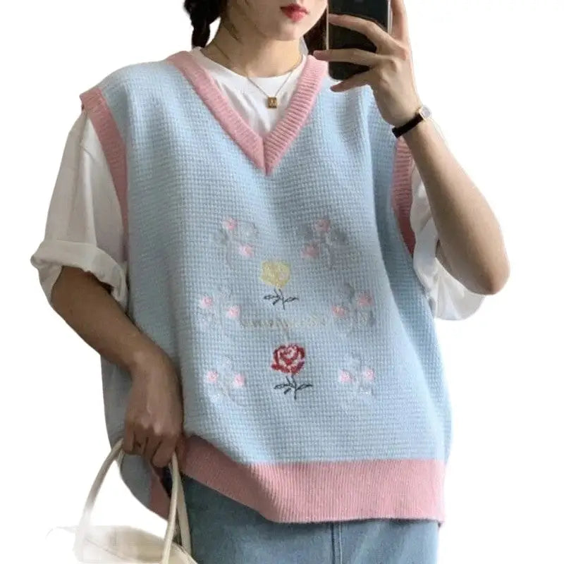 Kawaii Flowers V-neck Knitting Vest
