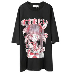 Kawaii Girl Print Oversize Japanese Tshirt - Black / M
