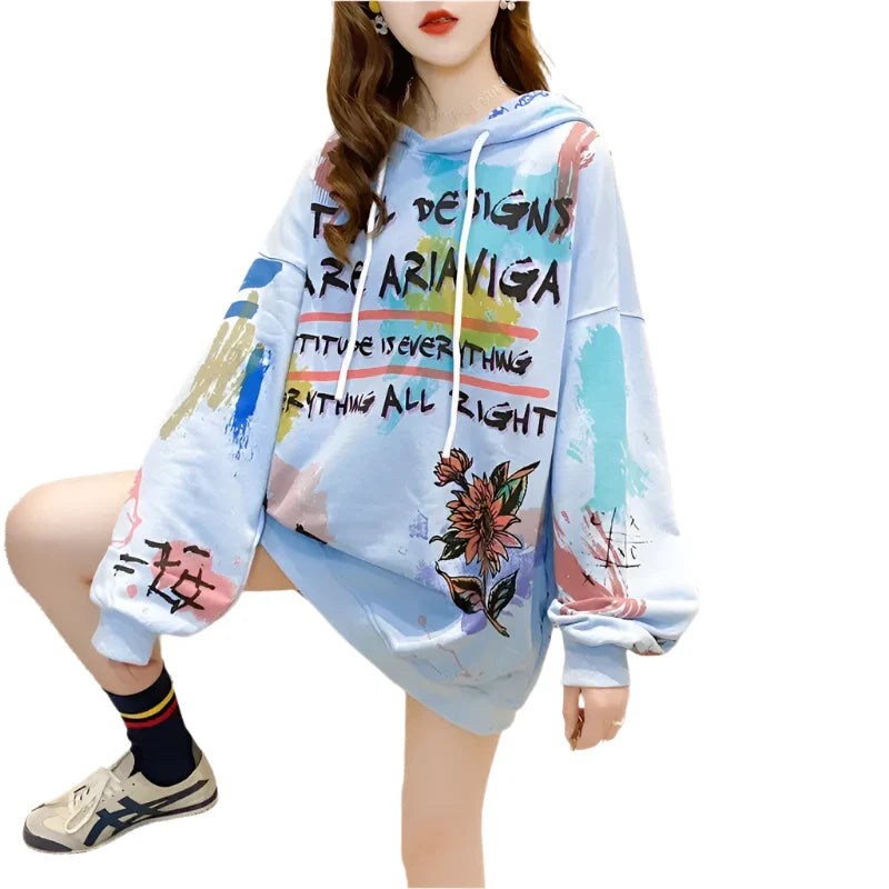 Kawaii Graffiti Dinosaur Oversized Hoodie for Women