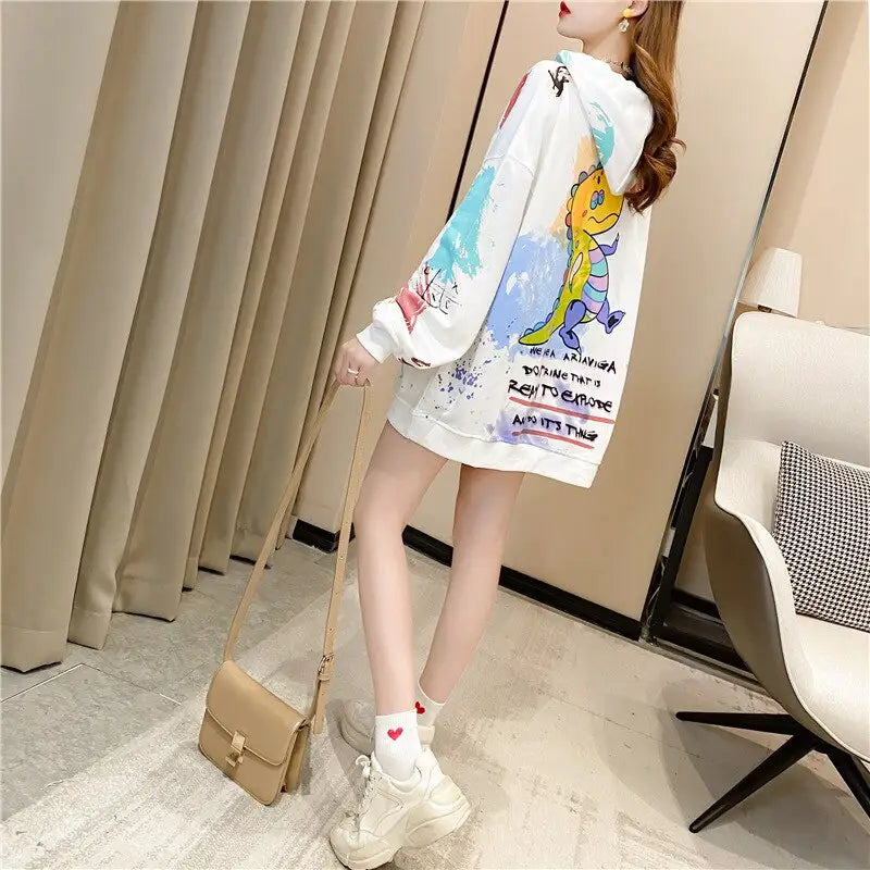 Kawaii Graffiti Dinosaur Oversized Hoodie for Women White