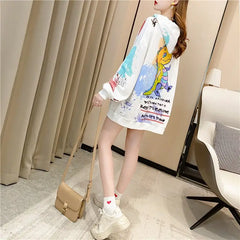 Kawaii Graffiti Dinosaur Oversized Hoodie for Women White