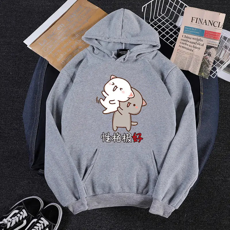 Kawaii Japanese Cartoon Cat Hoodie for Cool Weather Grey