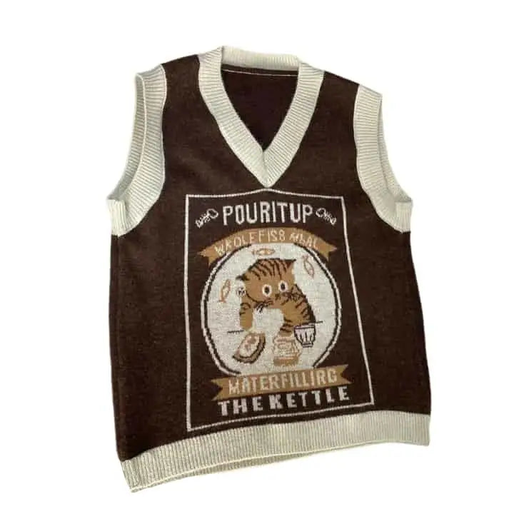 Kawaii Pouritup Cat Knitted Vest Sleeveless Cardigan Coffee