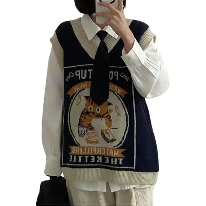 Kawaii Pouritup Cat Knitted Vest Sleeveless Cardigan Navy