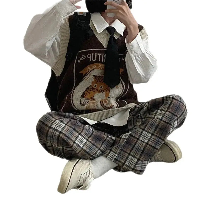 Kawaii Pouritup Cat Knitted Vest Sleeveless Cardigan