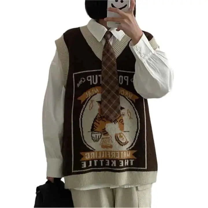 Kawaii Pouritup Cat Knitted Vest Sleeveless Cardigan