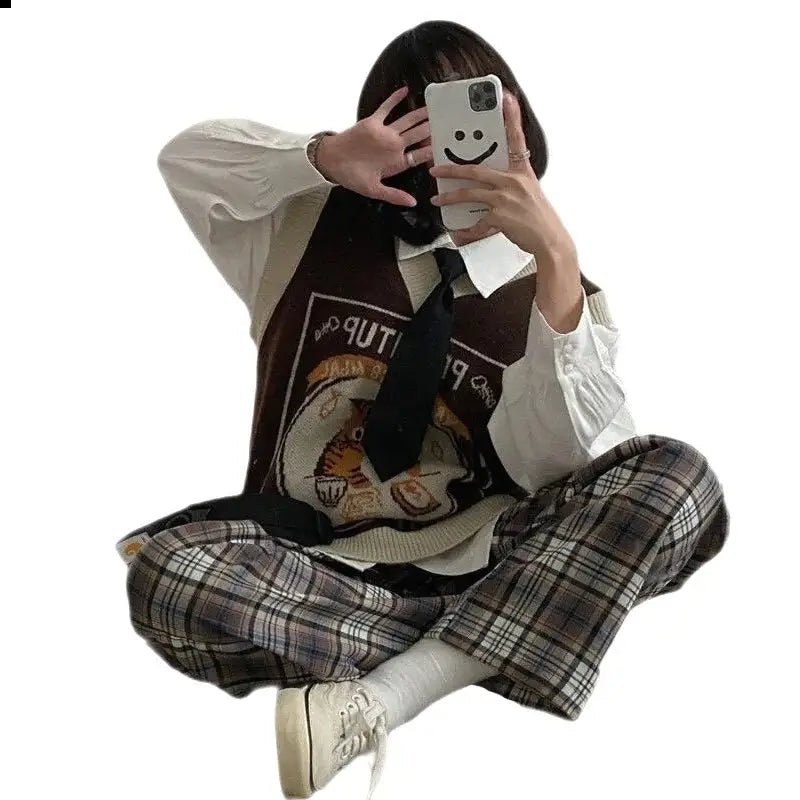 Kawaii Pouritup Cat Knitted Vest Sleeveless Cardigan