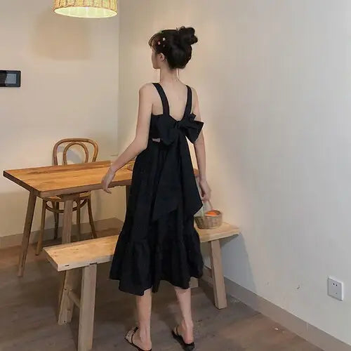 Kawaii Sleeveless Bow Knot Backless Dress Black / M