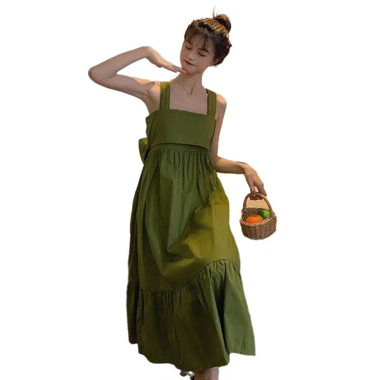 Kawaii Sleeveless Bow Knot Backless Dress - Green / M