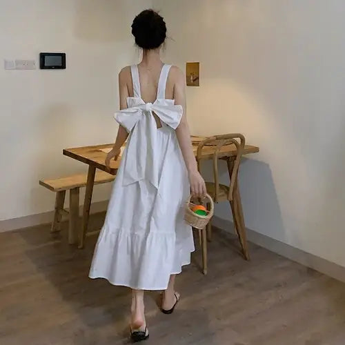 Kawaii Sleeveless Bow Knot Backless Dress - White / M